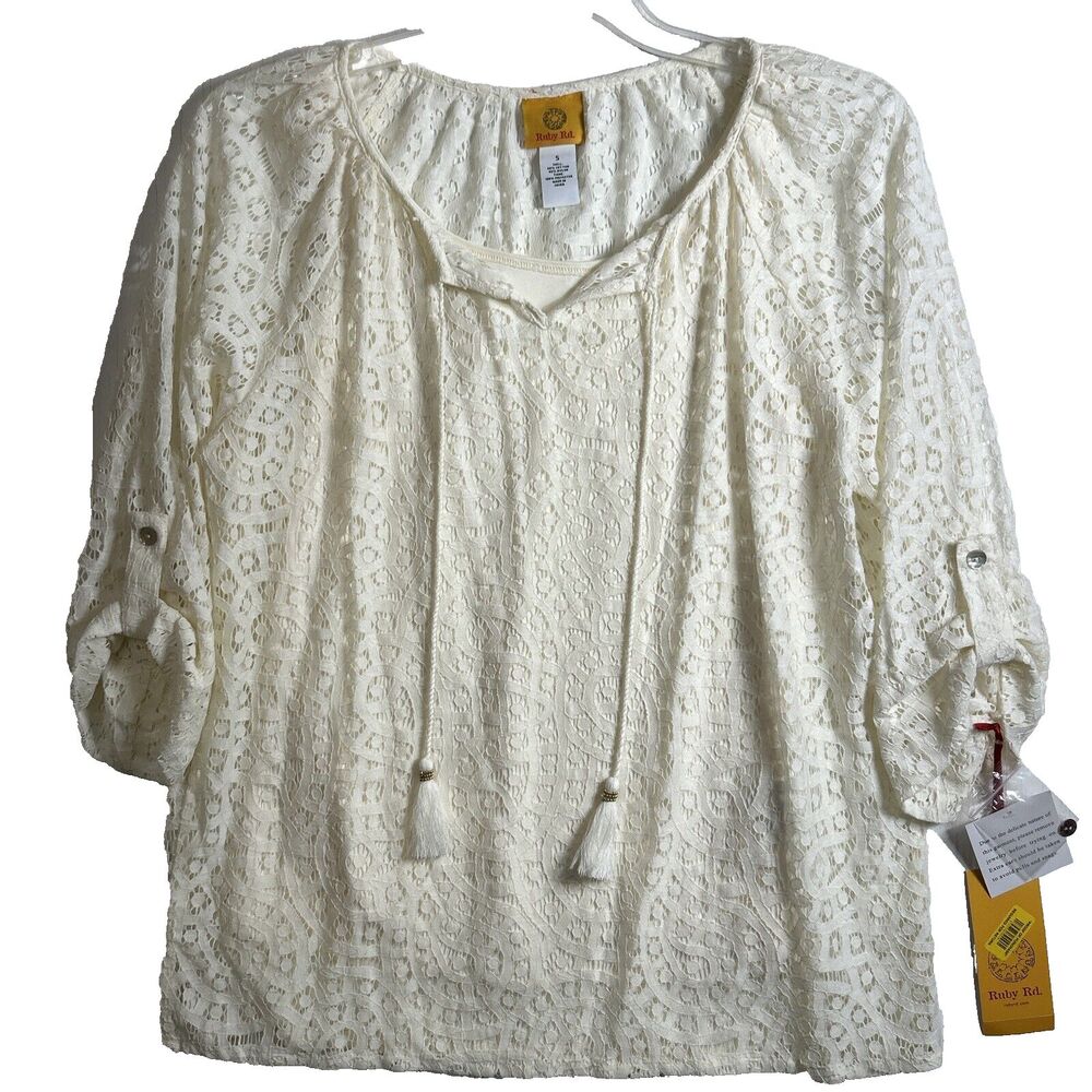 Ruby Rd Cream Open Crochet 3/4 Sleeve with Tassel Accents Shirt - Size Small-NEW